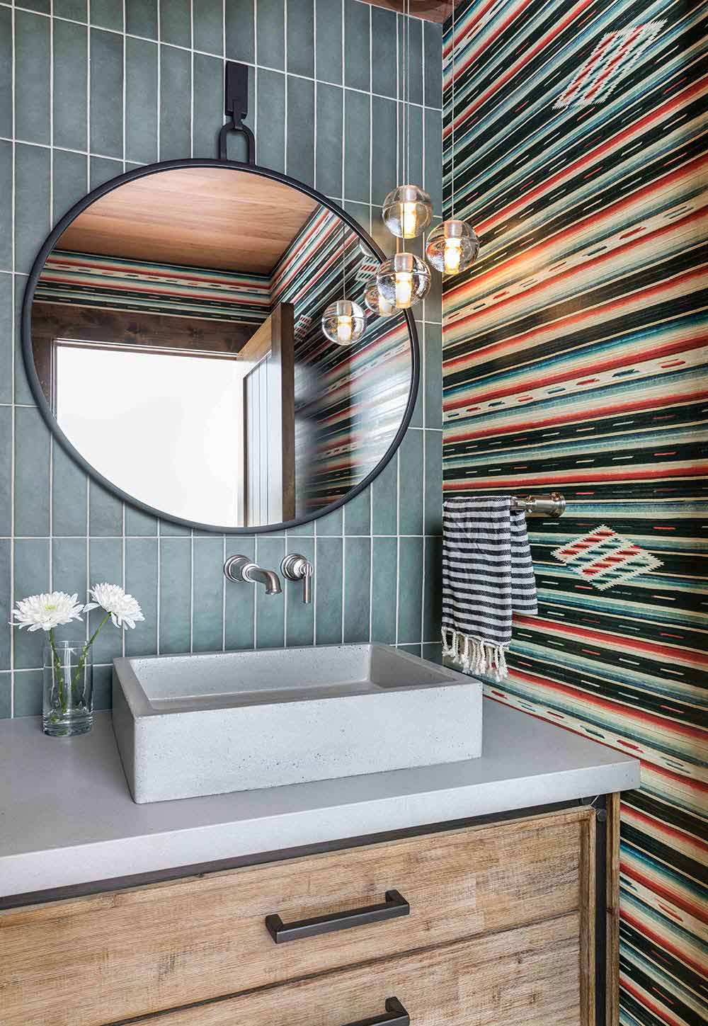 Guest Powder Room with Tile and Decorative Wall Paper